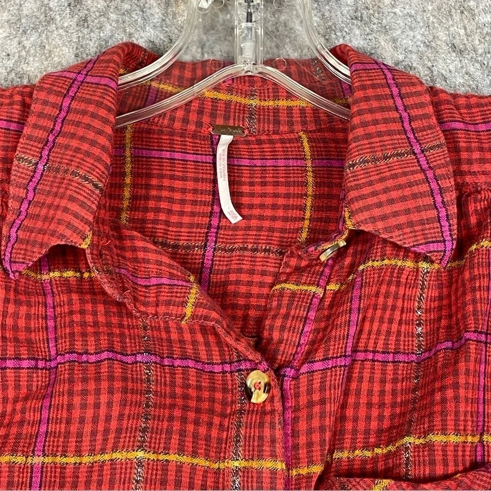 Free People Red Cherry Plaid Break My Stride Metallic Tunic Button-Up Shirt - XS